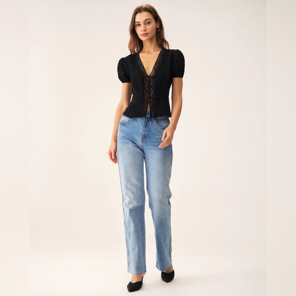 Black Jacquard Lace Button Blouse